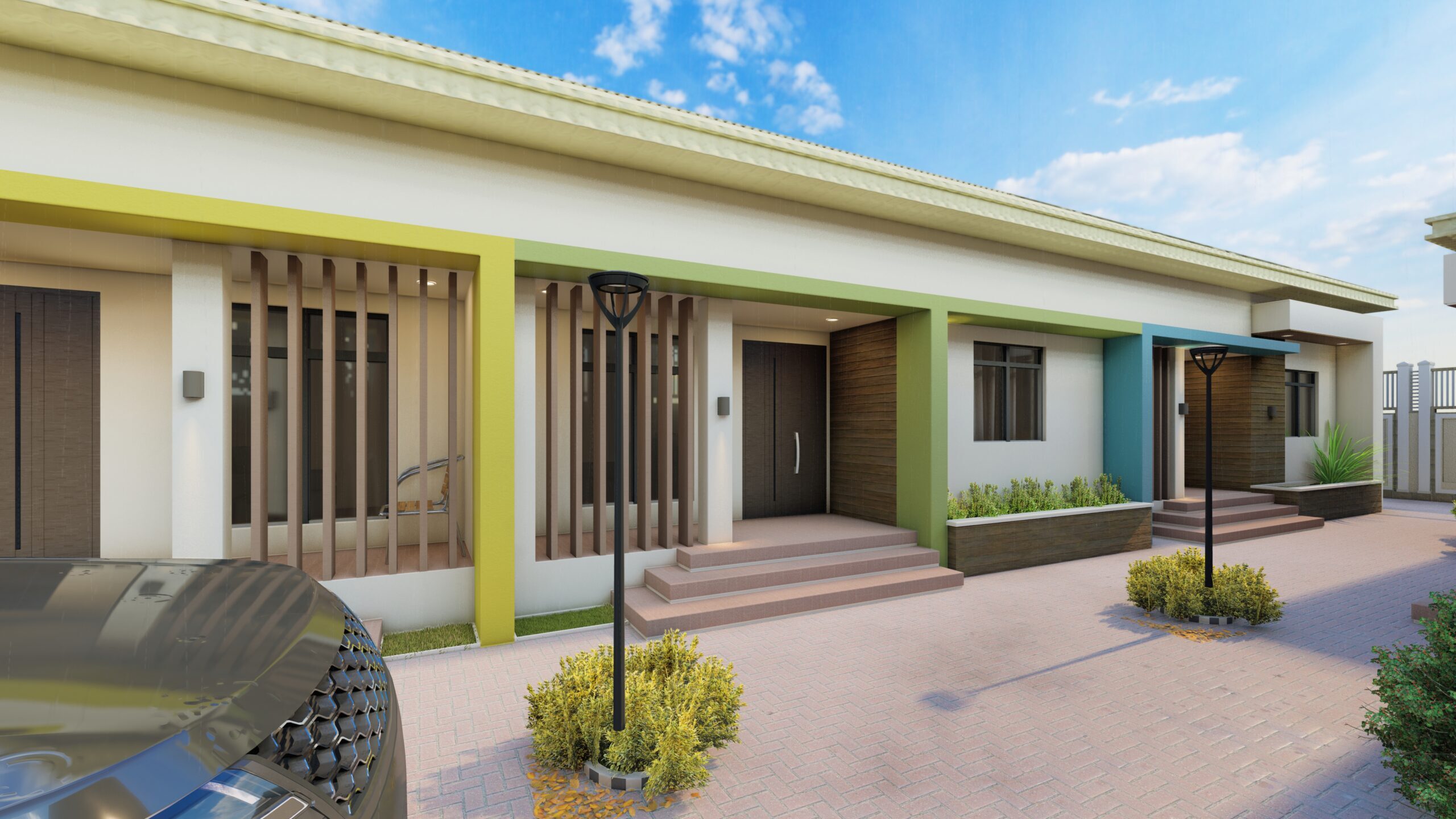 A vibrant modern house design with a colorful facade and a car