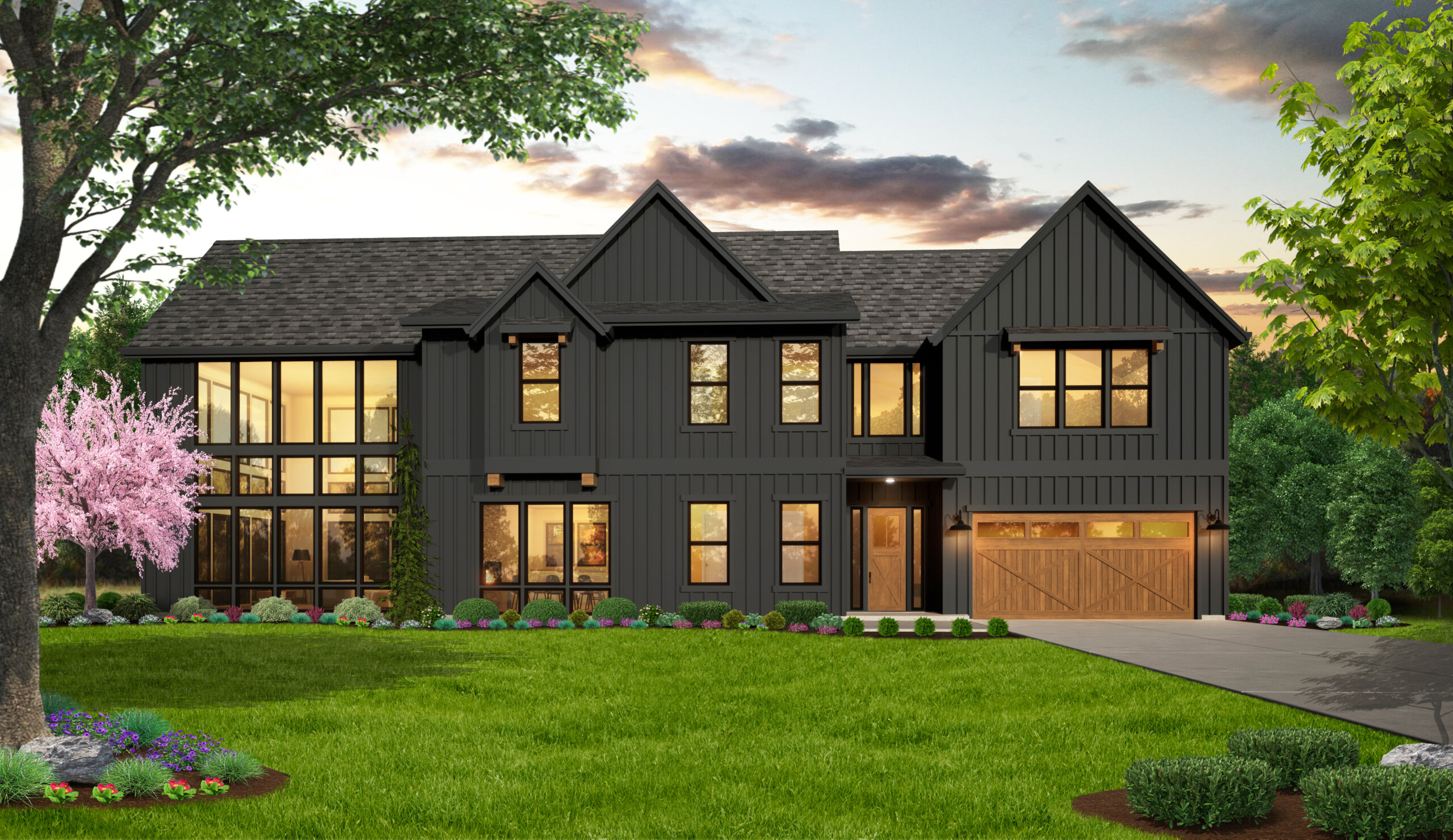 A modern home design featuring a spacious yard