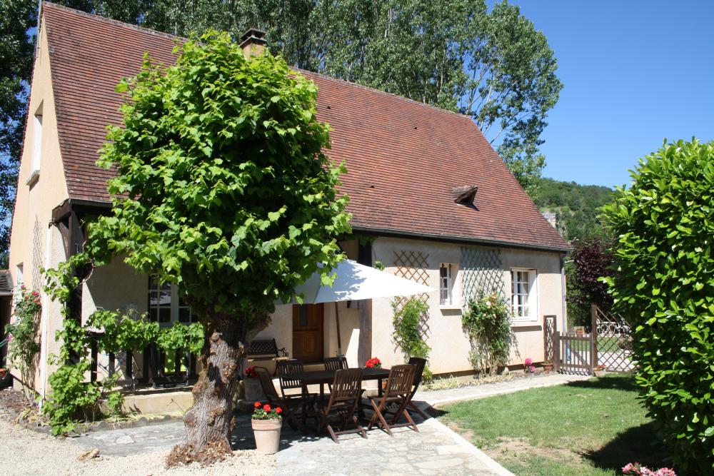 A small house with a patio surrounded by a tree